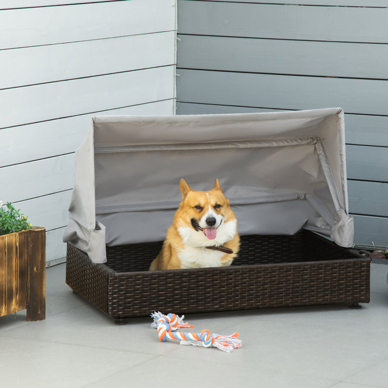 Pawhut Wicker Dog House Elevated Pet Sofa Rattan Cat Bed Indoor Outdoor Use For Garden Patio With Foldable Roof For Small Or Medium Sized Dogs